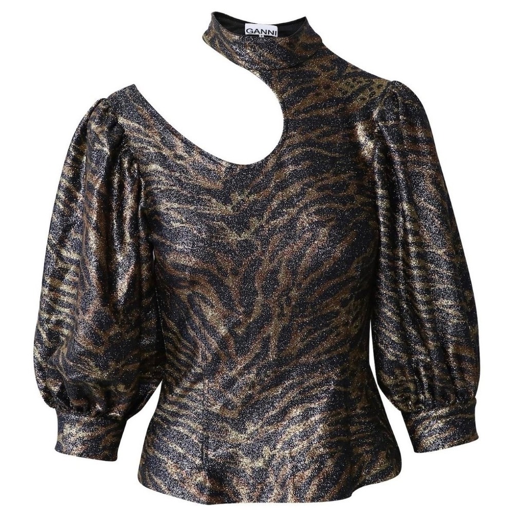 GANNI Metallic Tiger Print Puff Sleeve Top Open Back Lurex Old Money Grunge